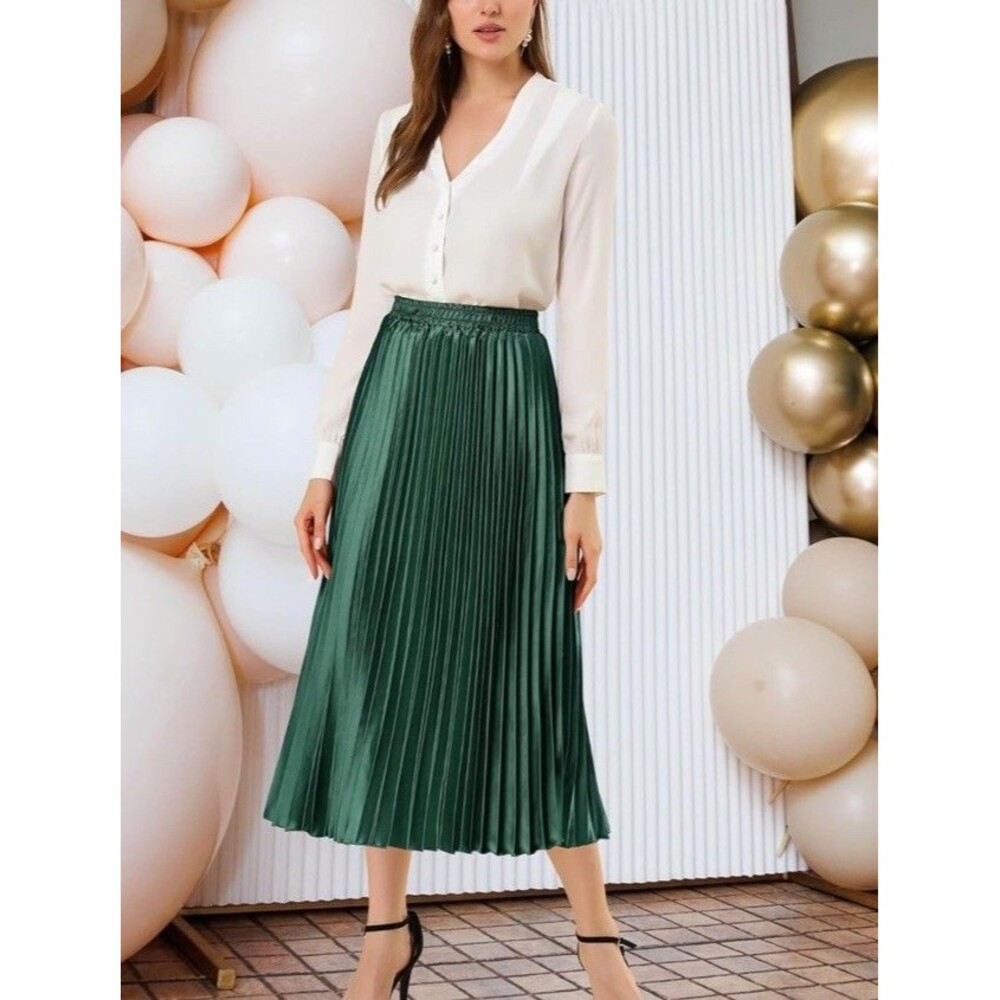 Allegra K Women Sz M Pleated Skirt Midi Length Elastic High Waisted A Line Swing